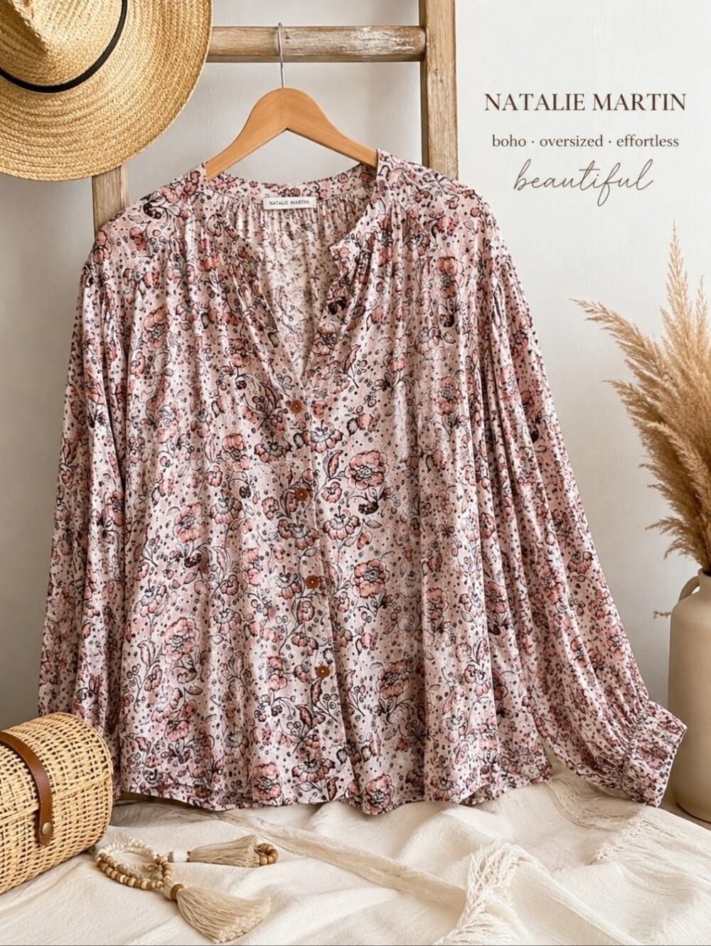 NATALIE MARTIN Iris Top Blouse Heirloom Rose Button Down Bali Hand Made Sz Small